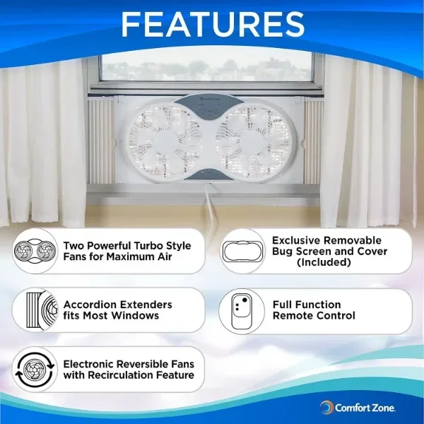 Comfort Zone Twin Window Fan with Remote Control, Removable Cover, Reversible, 9 inch, 3 Speed, 3 Function, Expandable