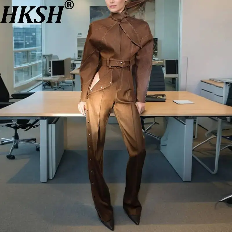 HKSH Women Retro Two-piece Set Lace-up Collar High-end Short Jacket Solid Color Buttoned Chic Pants Trend New Spring 2026 HK9430