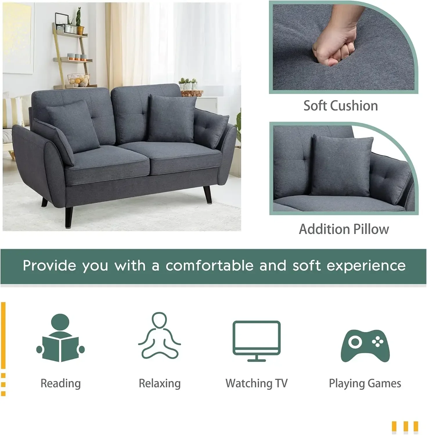 Sofá moderno Loveseat sofá, meados do século sofás para sala de estar, estofados 2 assentos de amor com travesseiro, 63"