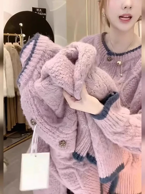 

Loose Women's Knitted Cardigan Sweater Coat Bear Plu Twist Color Autumn Winter Pink Long Sve round Ne Single Button