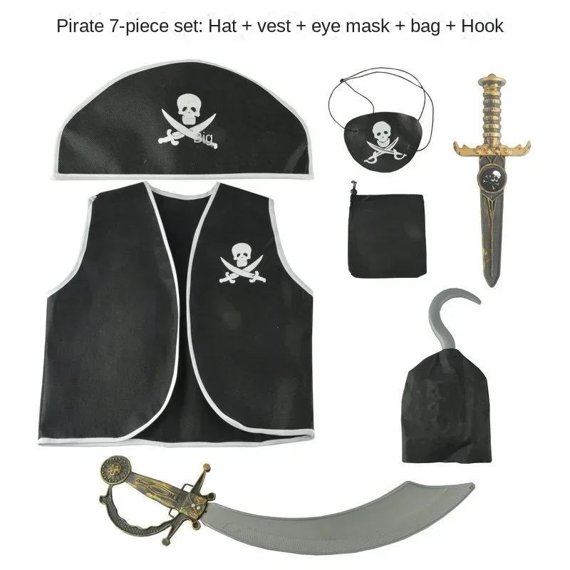 2025 Halloween  Costume de Pirate pour garçon, gilet noir avec chapeau à visière, ensemble de crochets et de sacs de Pirate