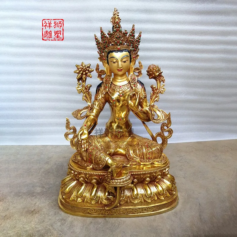 HT Copper gilded green Tara Buddha statue Tibetan household ornament 21 Tara household ornament 70 cm