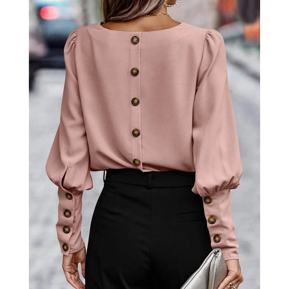 

Autumn Women Buttoned Back Design Lantern Sleeve Casual Blouse Female Round Neck Long Sleeve Elegant Top Workwear Korean Style