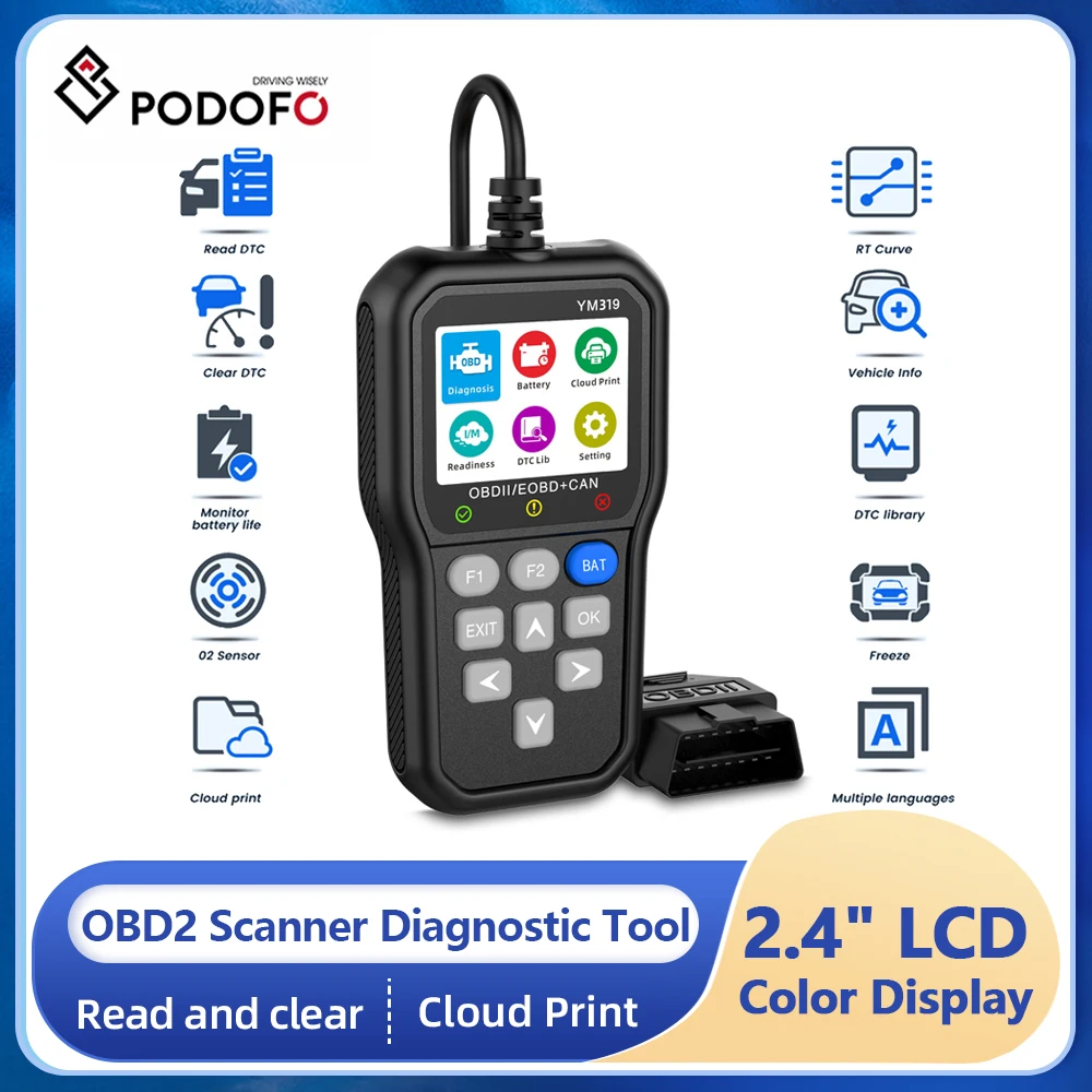 Podofo-Profissional OBD2 Ferramenta De Diagnóstico, Leitor de Código Do Motor, Verifique Carro, Falha Scanner de Código para Veículos OBDII, após 1996