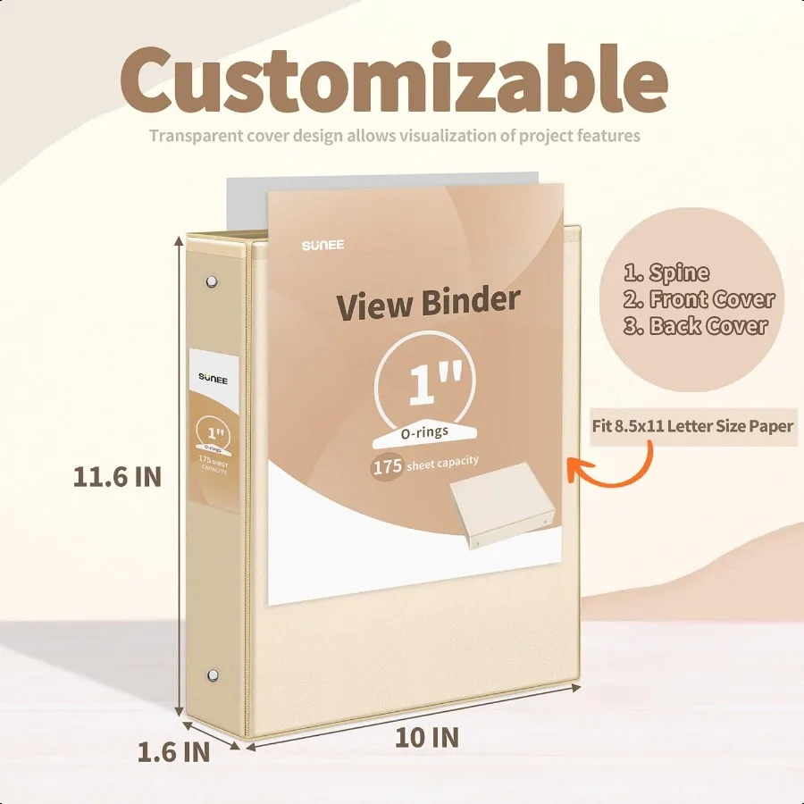 Carpeta de 3 anillas de 1 pulgada, paquete de 4 carpetas con vista transparente, tres anillas sin PVC, ajuste de 8,5x11 pulgadas para la escuela o la oficina, estética neutra