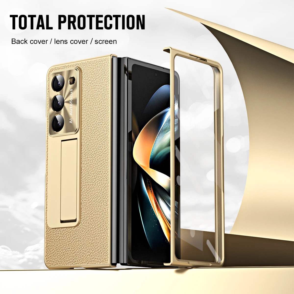 High-End Luxury Leather AG Frosted Hard PC Back Cover Case for Samsung Galaxy Z Fold 5 with Glass Screen Protector Phone Stand