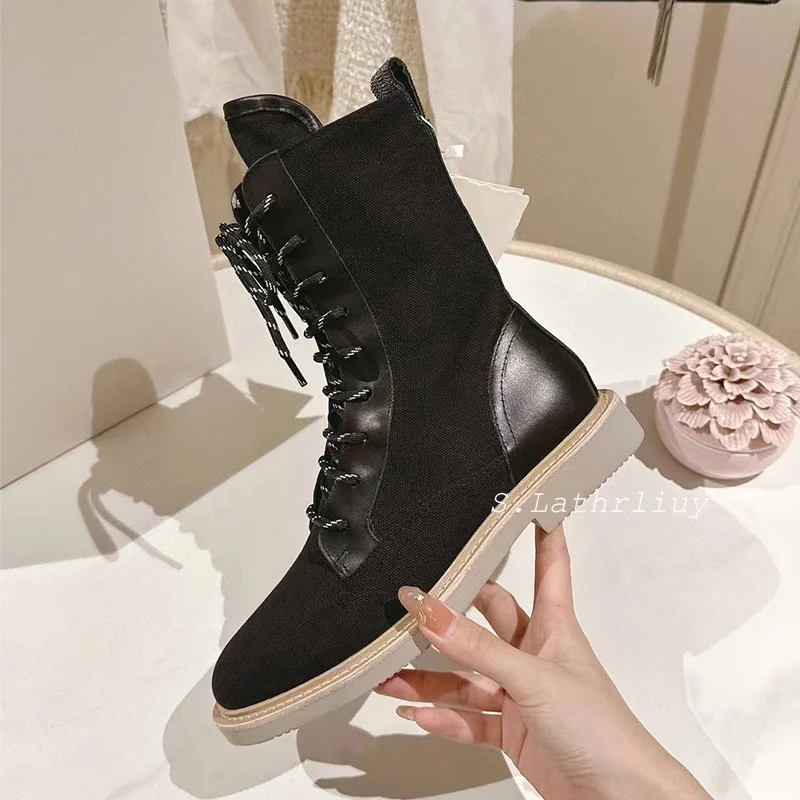 Spring Autumn Round Toe British Style Short Boots Women's Canvas Lace up Square Heels Ankle Botas Versatile Motorcycle Boots