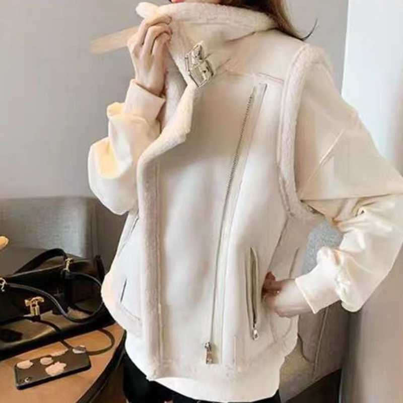 Falso shearling sem mangas jaqueta feminina rua casual zip tanque harajuku y2k clássico simples topo inverno grosso casaco quente