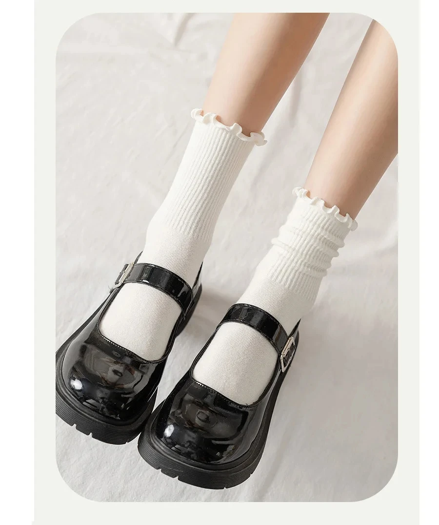 5/10 Paar Lot Socken für Frauen Rüschen Mittelrohr Knöchel Kurz Atmungsaktiv Schwarz Weiß Set Frühling Herbst – Detail 4