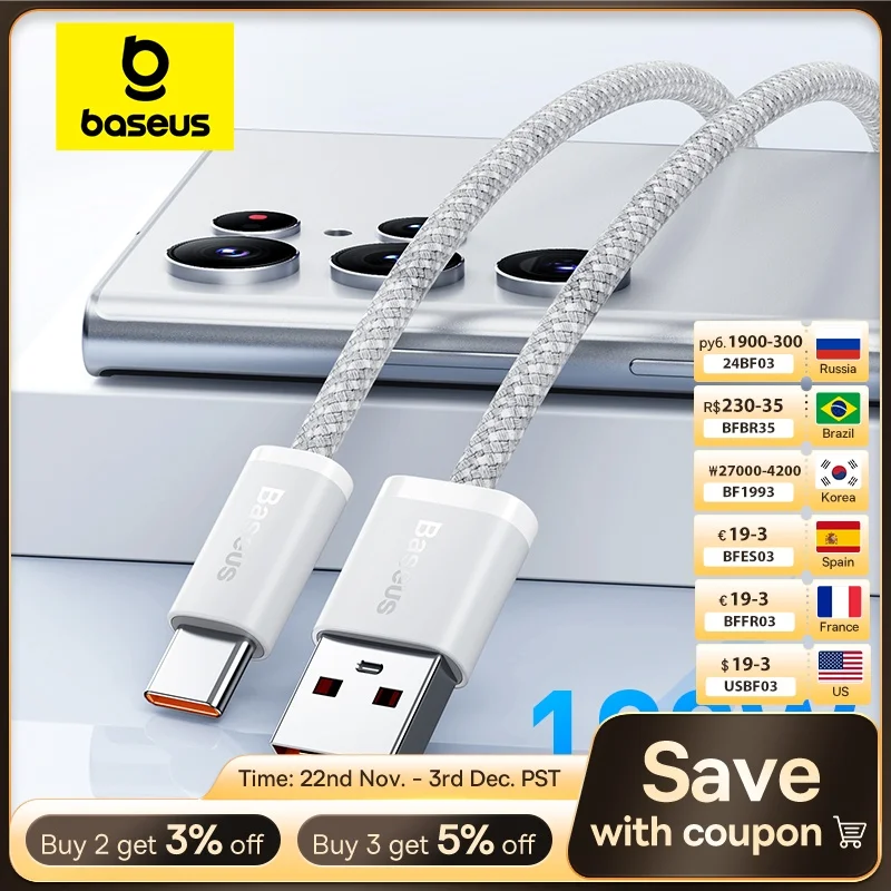 Baseus USB Type C Cable For Huawei P30 Pro Honor 100W Fast Charging Wire USB-C Charger Data Cord For Samsung Oneplus Poco F3