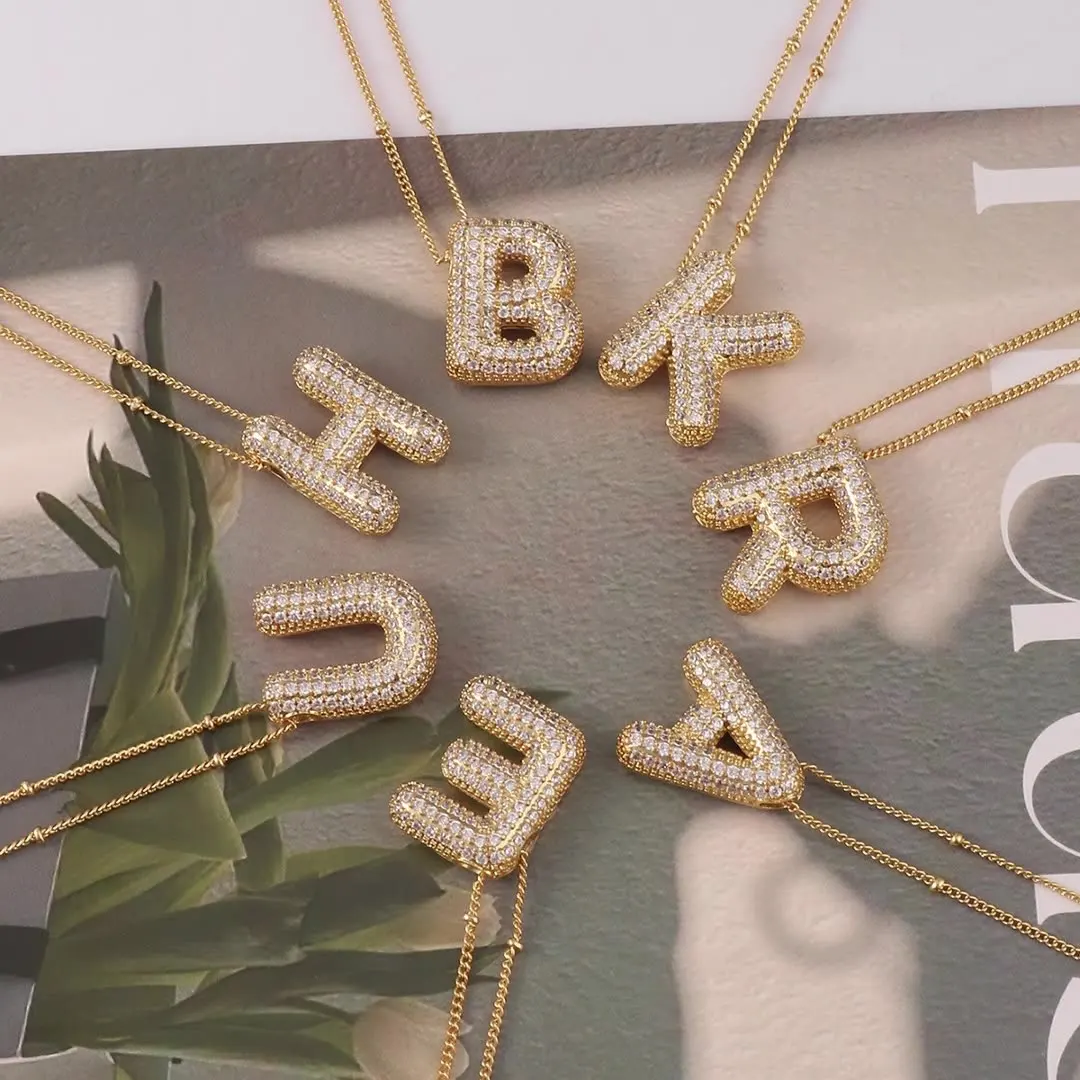 Cubic Zirconia Gold Plated Bubble Letter Pendant Necklace Monogram Necklace Balloon Initial Letter Necklace Gifts for Women