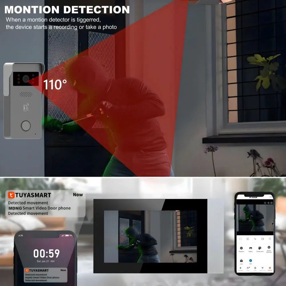 Interphone vidéo à 2 fils pour maison intelligente Tuya, écran tactile, sonnette, système de sécurité de porte, 1080P, 2 pièces, 7 documents en