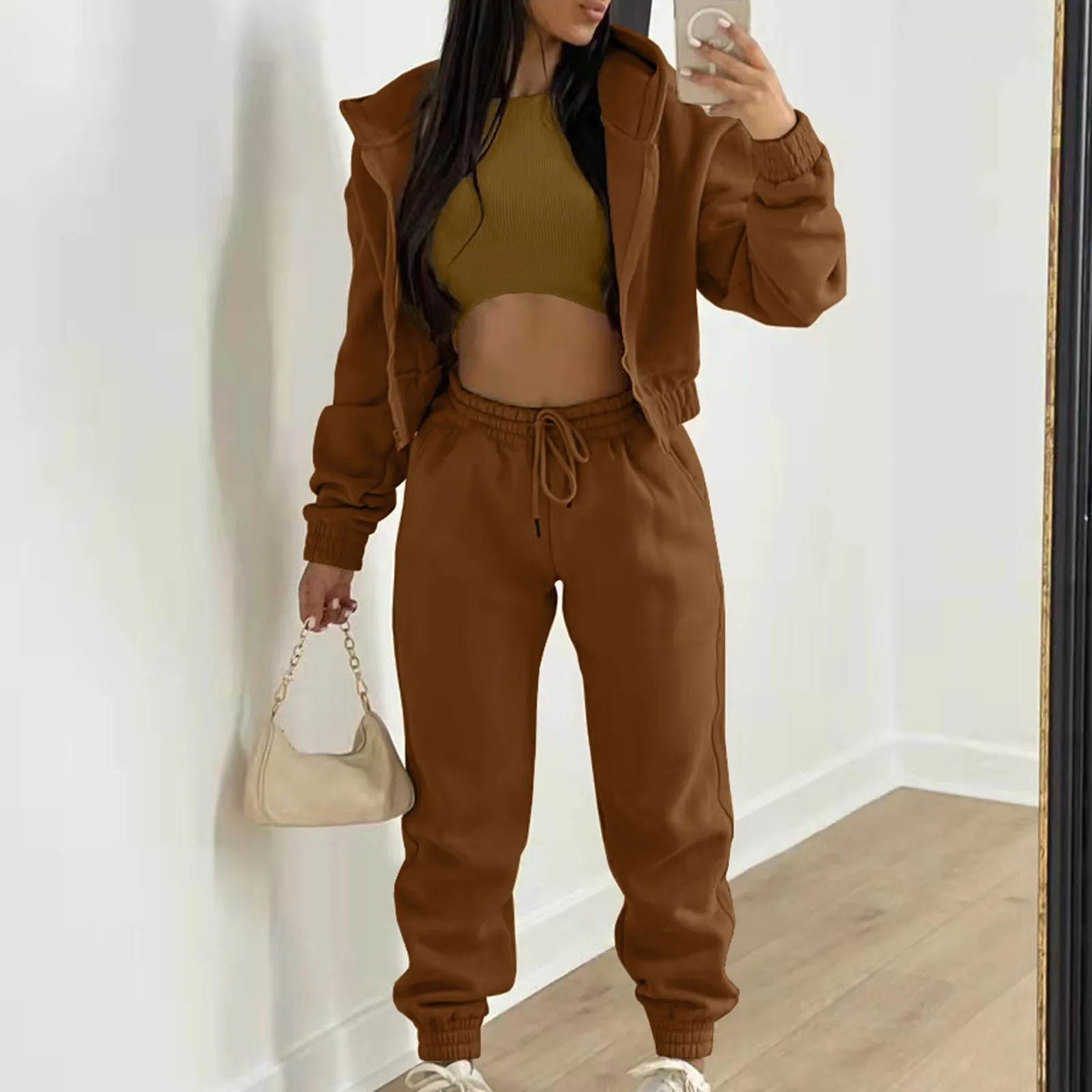 

Women 3 Piece Sets Casual Long Sleeve Zip Hoodies+Ribbed Tank+High Waist Sweatpants Jogger Pant Suits Sporty Three Pieces Outfit