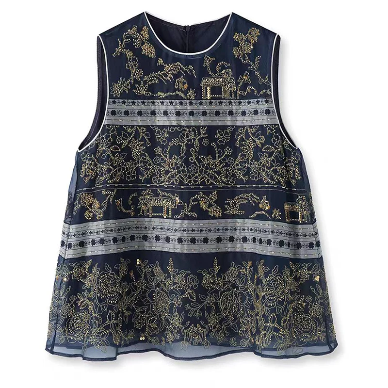 

Summer New O-Neck Extremely Beautiful Beading Silk Organza Design Back zipper Sleeveless Chinese Style Women's Top S-XL