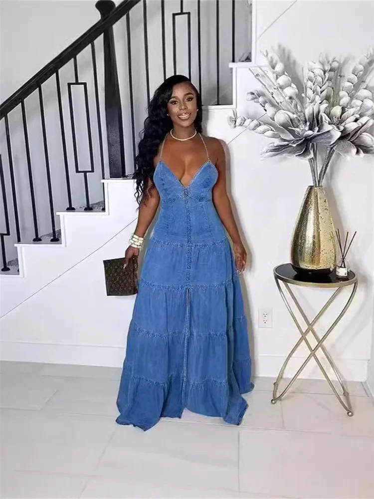 

Denim Dresses for Women 2025 Elegant New Sweet Sexy Deep V Neck Halter Bandage Belt Long Dress Wholesale Dropshipping
