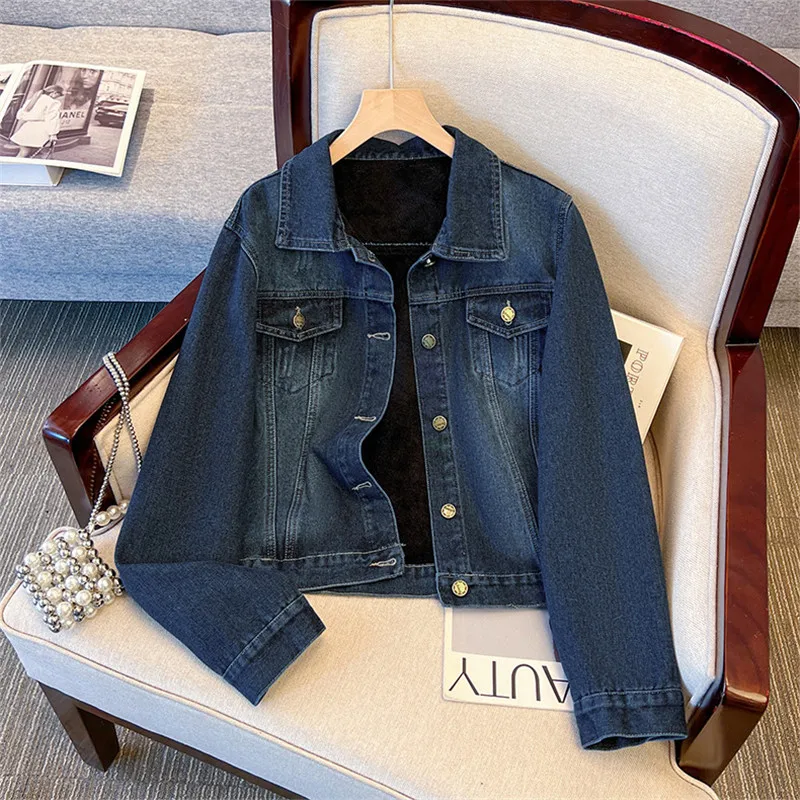 

Винтажная стираная синяя короткая джинсовая куртка с потертыми заусенцами и лацканами, однобортная осенняя женская джинсовая куртка с длинными рукавами, пальто, уличная одежда