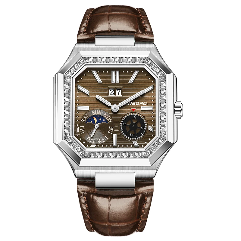 هانبورو ساعة أوتوماتيكية للرجال 38.5 ملم ساعة يد ميكانيكية مربعة 5ATM مقاومة للماء مضيئة الياقوت شنغهاي JHS17 تاريخ الأسبوع #4