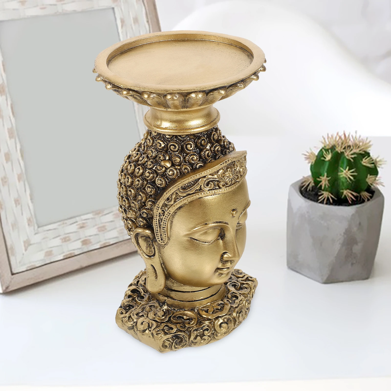 

Buddha Head Candlestick Resin Ornaments Stand Religious Decor Vintage Tealight Holder Desktop Craft Statue