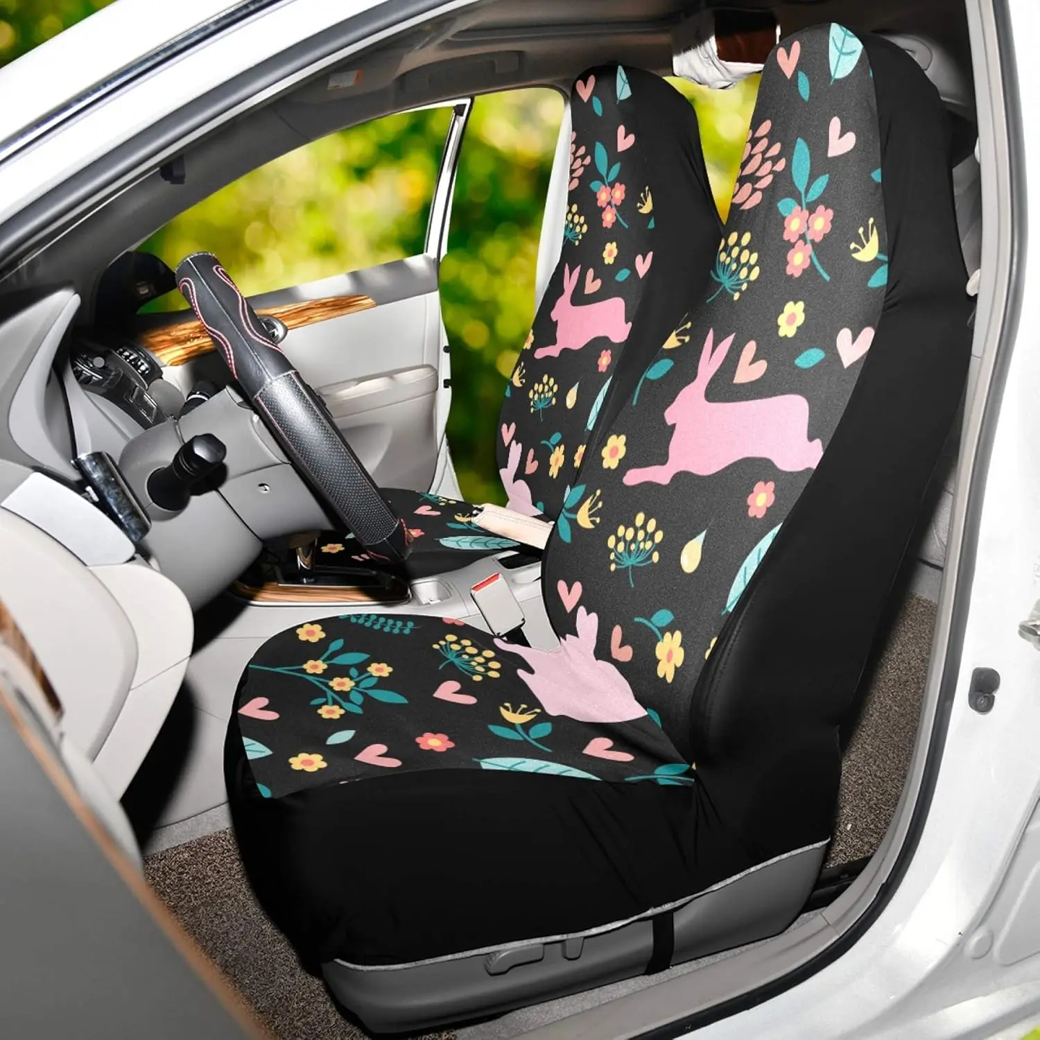 Easter Rabbit Bunny Animal with Colorful Floral Flower Leaf Heart Cartoon Character on Black Car Seat Covers for Front Set of 2