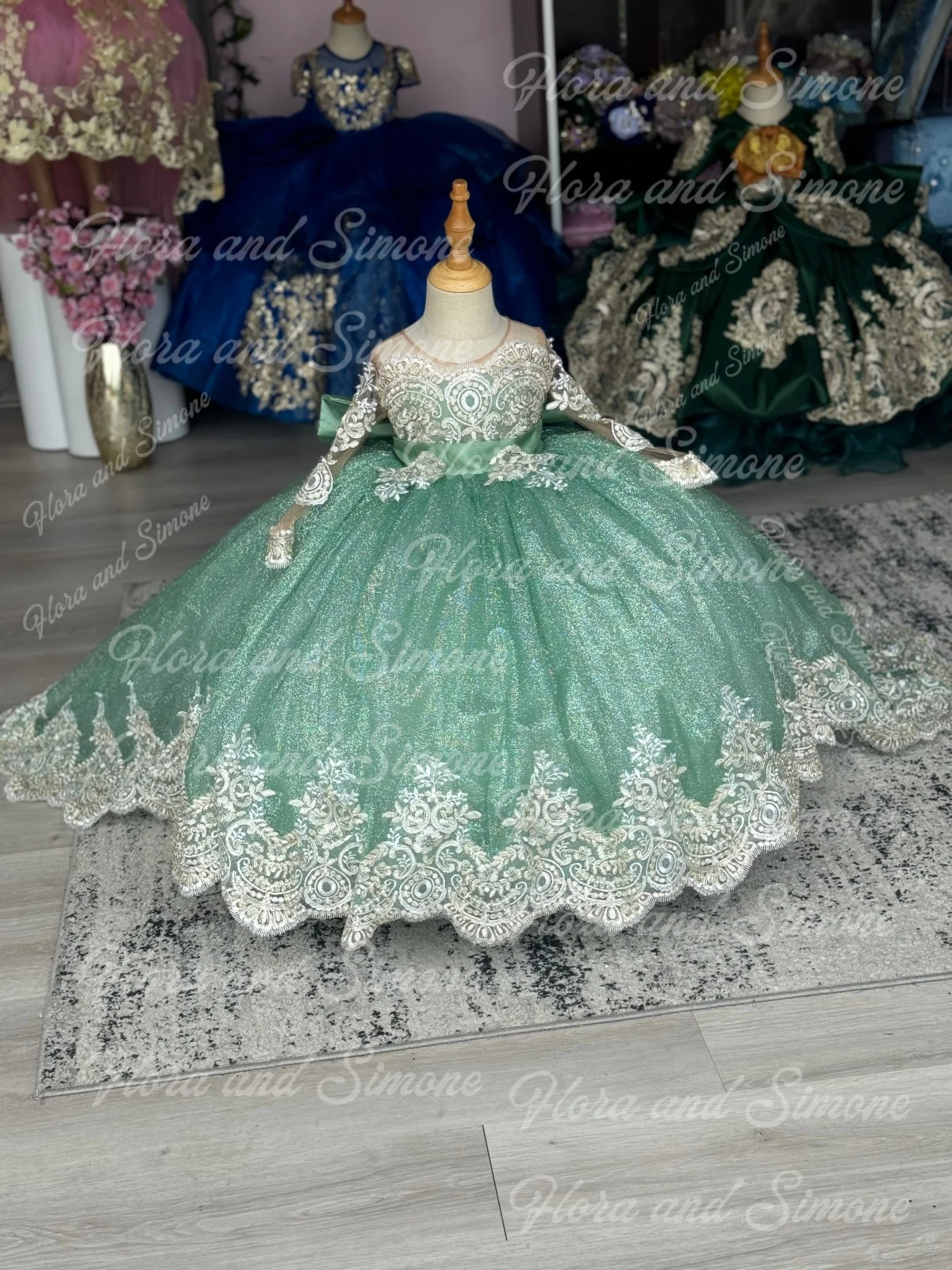 Vestido de niña de flores con lazo de gasa de manga larga personalizado para bodas, vestido de baile para niños pequeños, vestido de desfile, vestidos de fiesta brillantes, fiestas