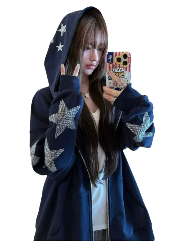 American Street Style Hooded Star Rhinestone Dark Blue Women's Spring Autumn Trendy High Street Vintage Lazy Open Cardigan Sw...