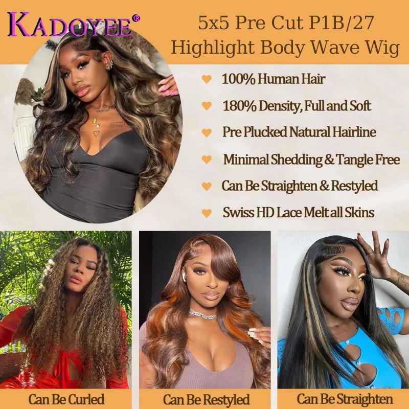 Blonde Highlight Wig Glueless Human Hair Pre Cut 5X5 Body Wave Lace Closure Wigs P1b/27 Colored Pre plucked HD Transparent Wig