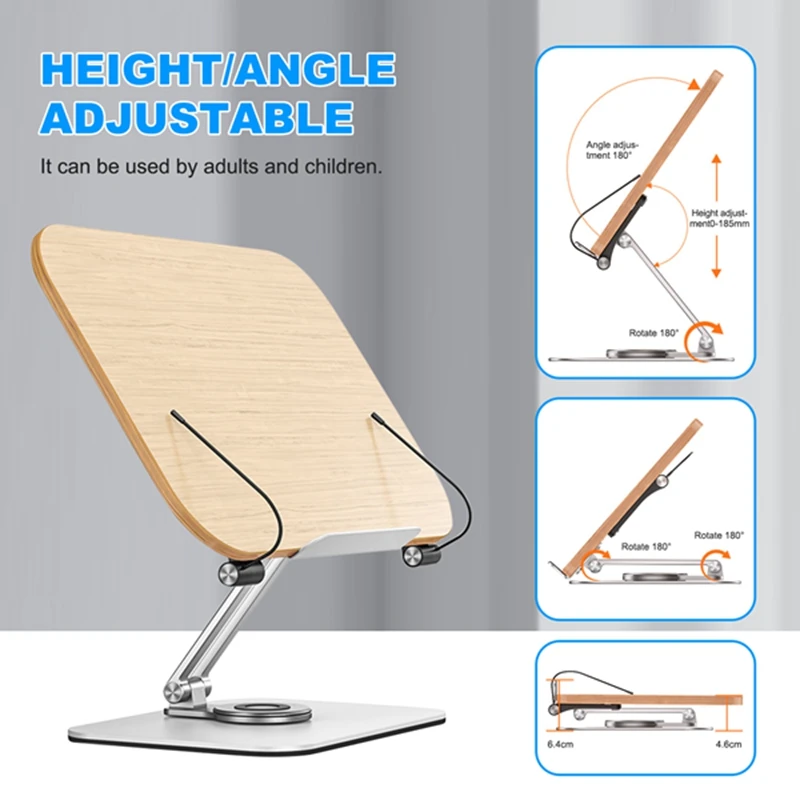 Support de livre de bureau pliable pour la lecture, base rotative à 360 ° et clips de page