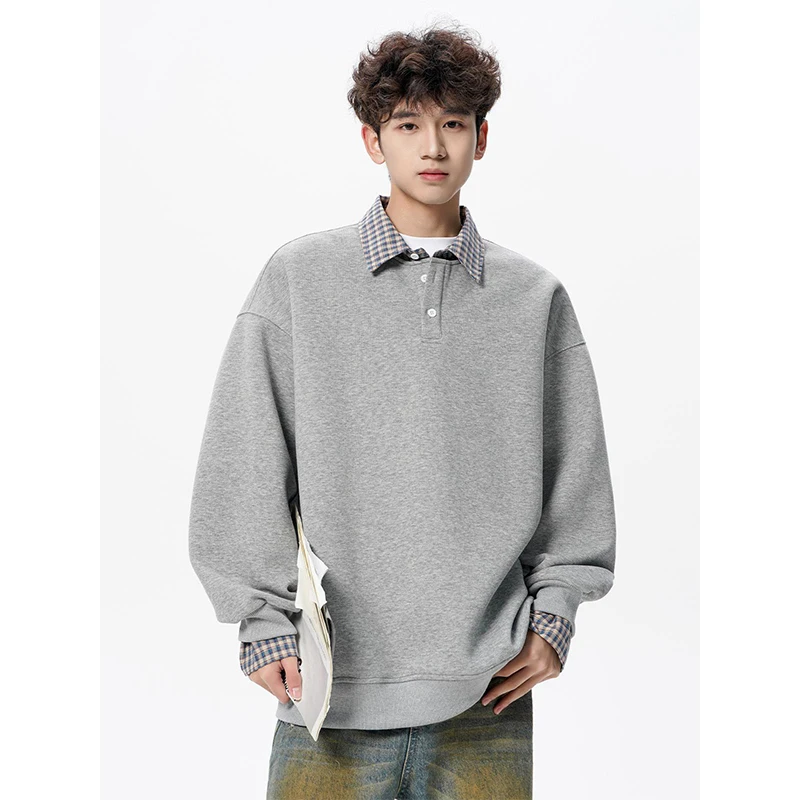 Vintage Spliced Plaid Men Long Sleeve Polo Sweatshirt Fall Winter Teenager Loose Preppy Style Fashion Simple Fake Two Piece Tops