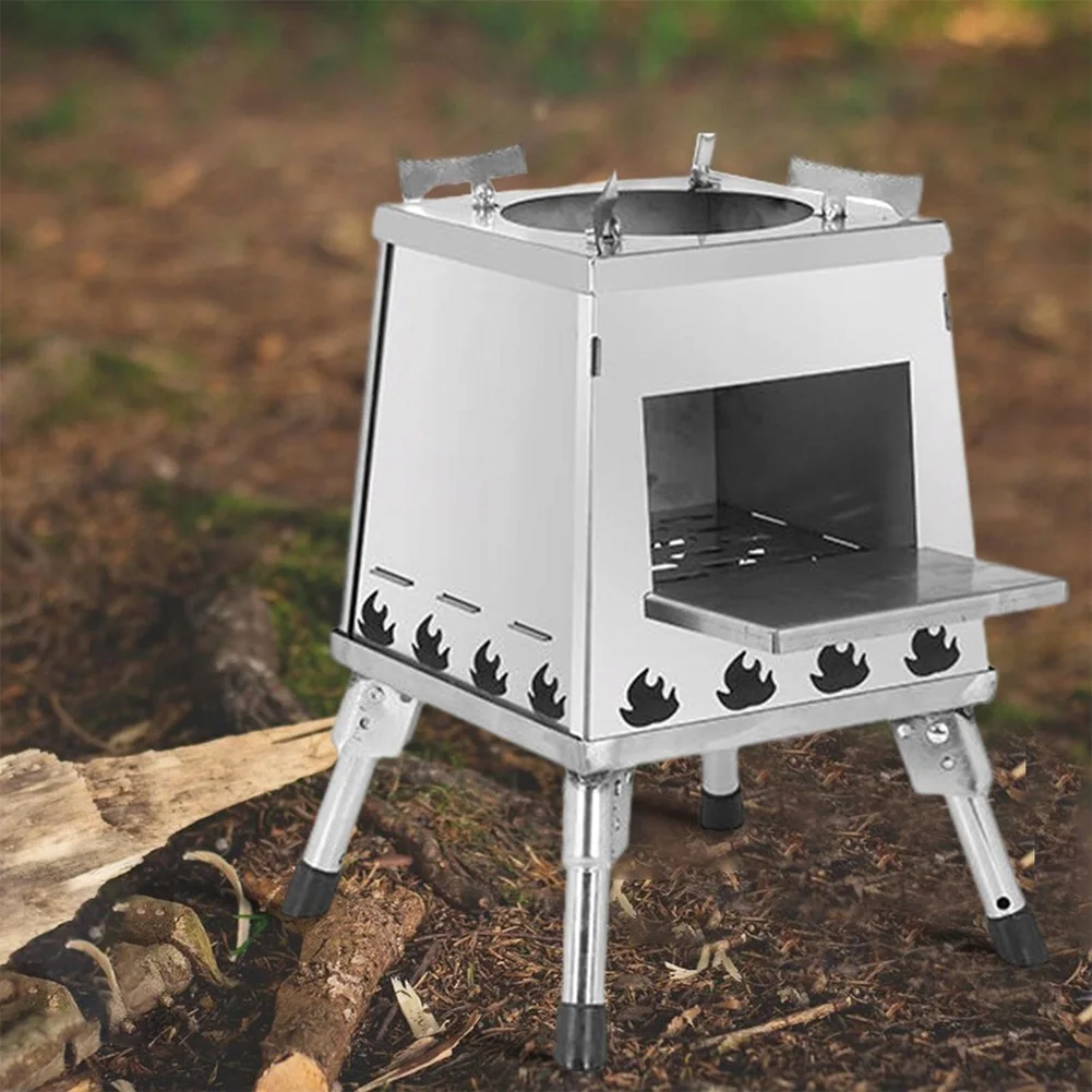 Outdoor Camping Stove Height Adjustable Compact Folding Wood Stove Camping Rocket Furnace Burner for Cooking Picnic ﻿BBQ Tool