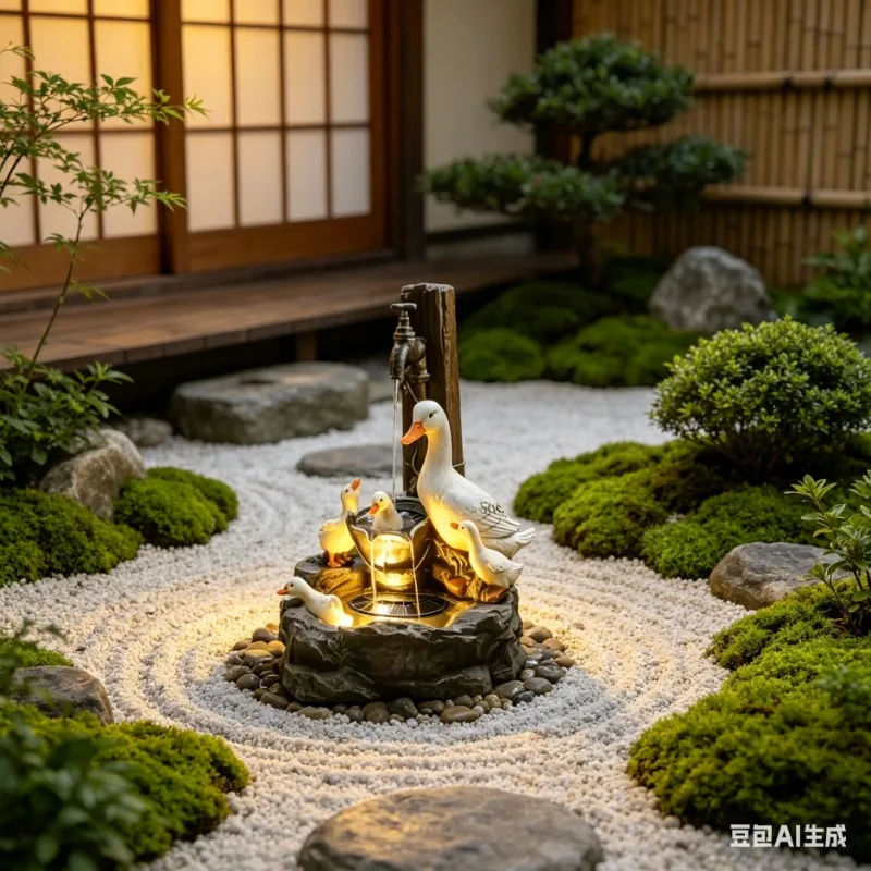 Fuente Decorativa de Resina con Forma de Pato E2, con Lámpara LED, Adorno para Jardín y Paisaje Exterior