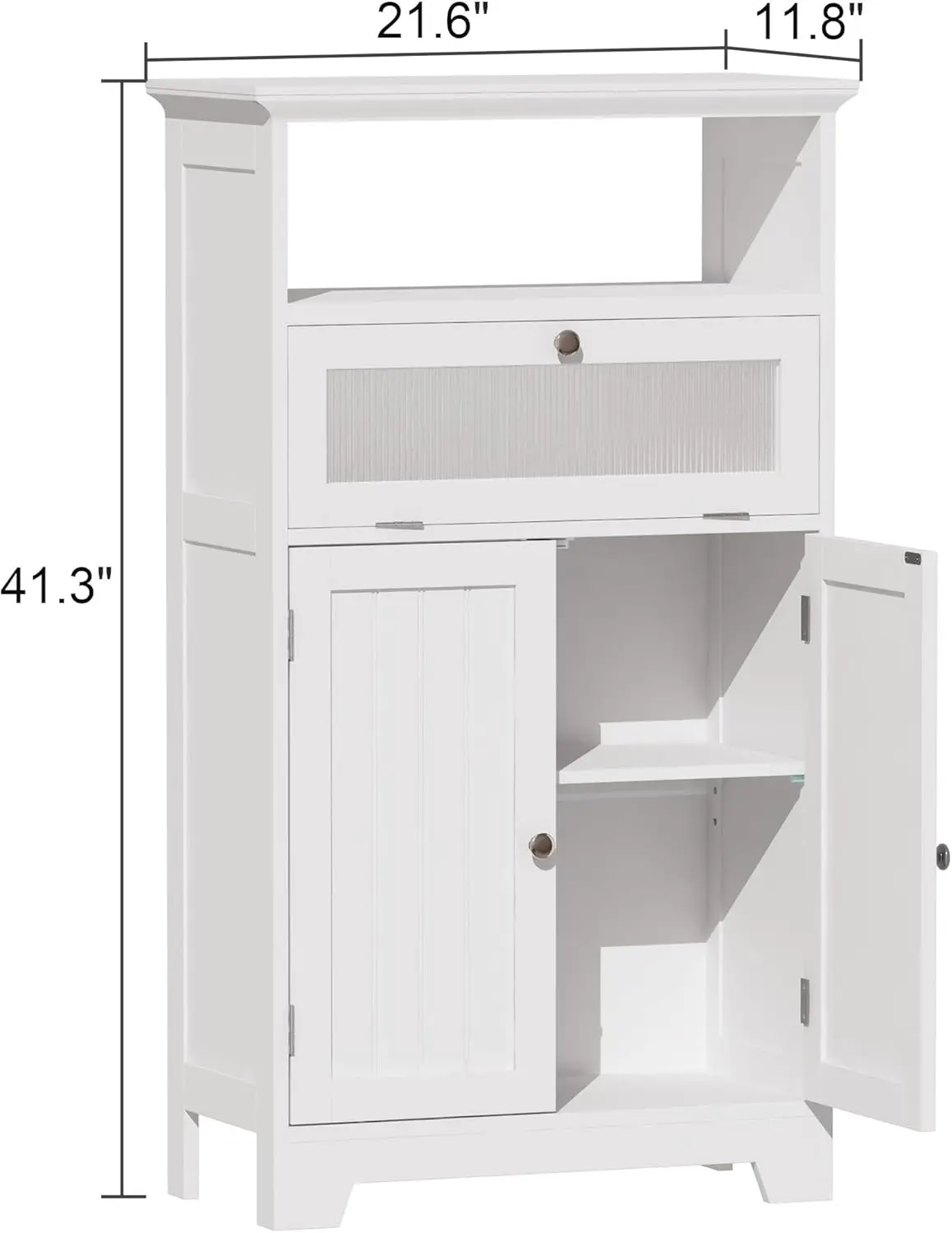 Mueble de almacenamiento para el suelo del baño con cajón de cristal abatible, gabinetes de baño independientes con estante ajustable de 2 puertas y almacenamiento abierto