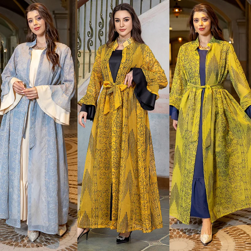 Abaya-Robe maxi à volants pour femmes musulmanes, vêtements islamiques, caftan, kimono ouvert, Dubaï, Turquie, Eid Ramadan, ensemble de 2 pièces