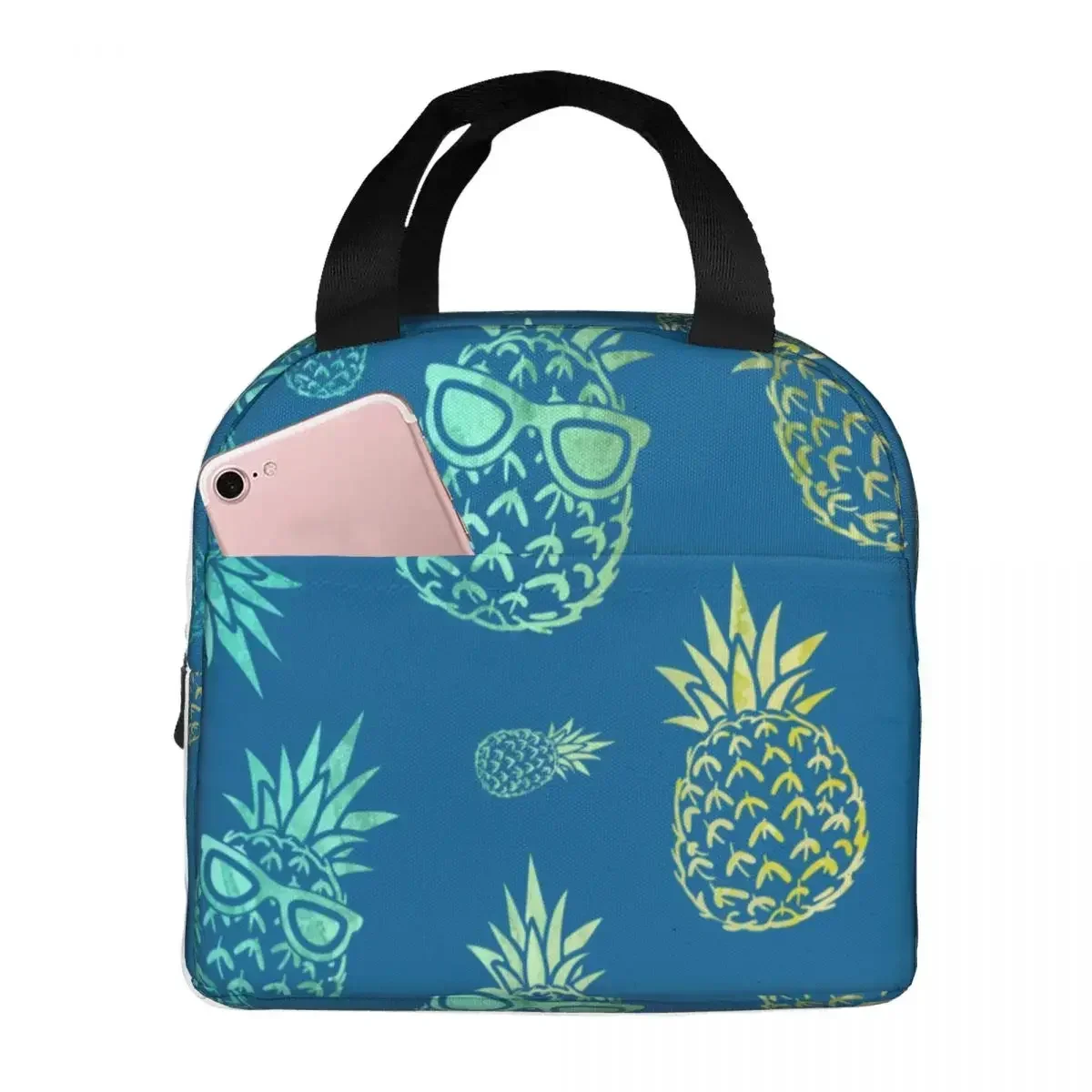 Blue Tropical Watercolor Pineapple Lunch Bag Portable Insulated Oxford Cooler Thermal Food Picnic Work Lunch Box for Women Kids