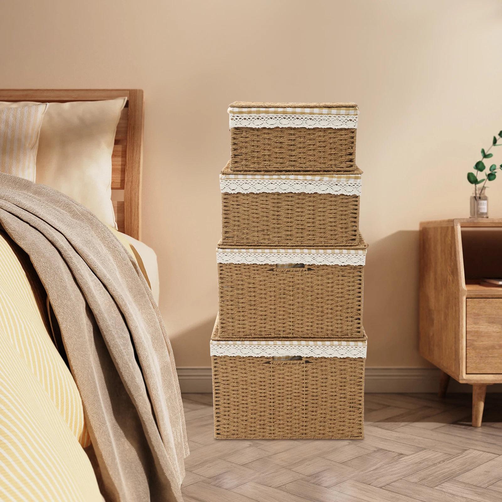 

4pcs Storage Basket with Lid, Large Storage Bin with Handle & Liner, Rope Woven Basket for Organizing Clothes Toy