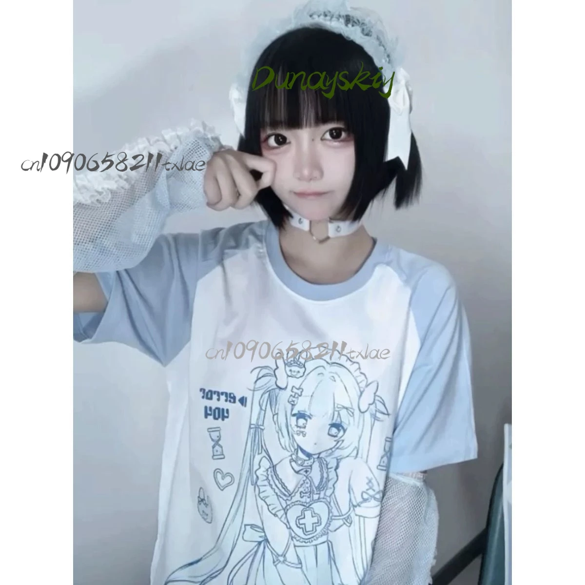 Subcultural water color Jirai Kei 고딕 달콤한 여름 반팔 티셔츠 퓨어 코튼 abi 라이트 애니메이션 탑 여성 루즈 캐주얼