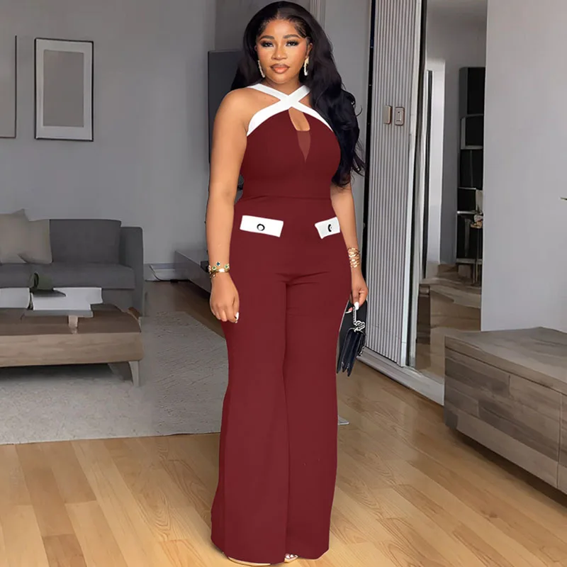 Doyerl macacão de uma peça mulher elegante bolsos retalhos cinta cruzada sem mangas perna larga macacão festa clube