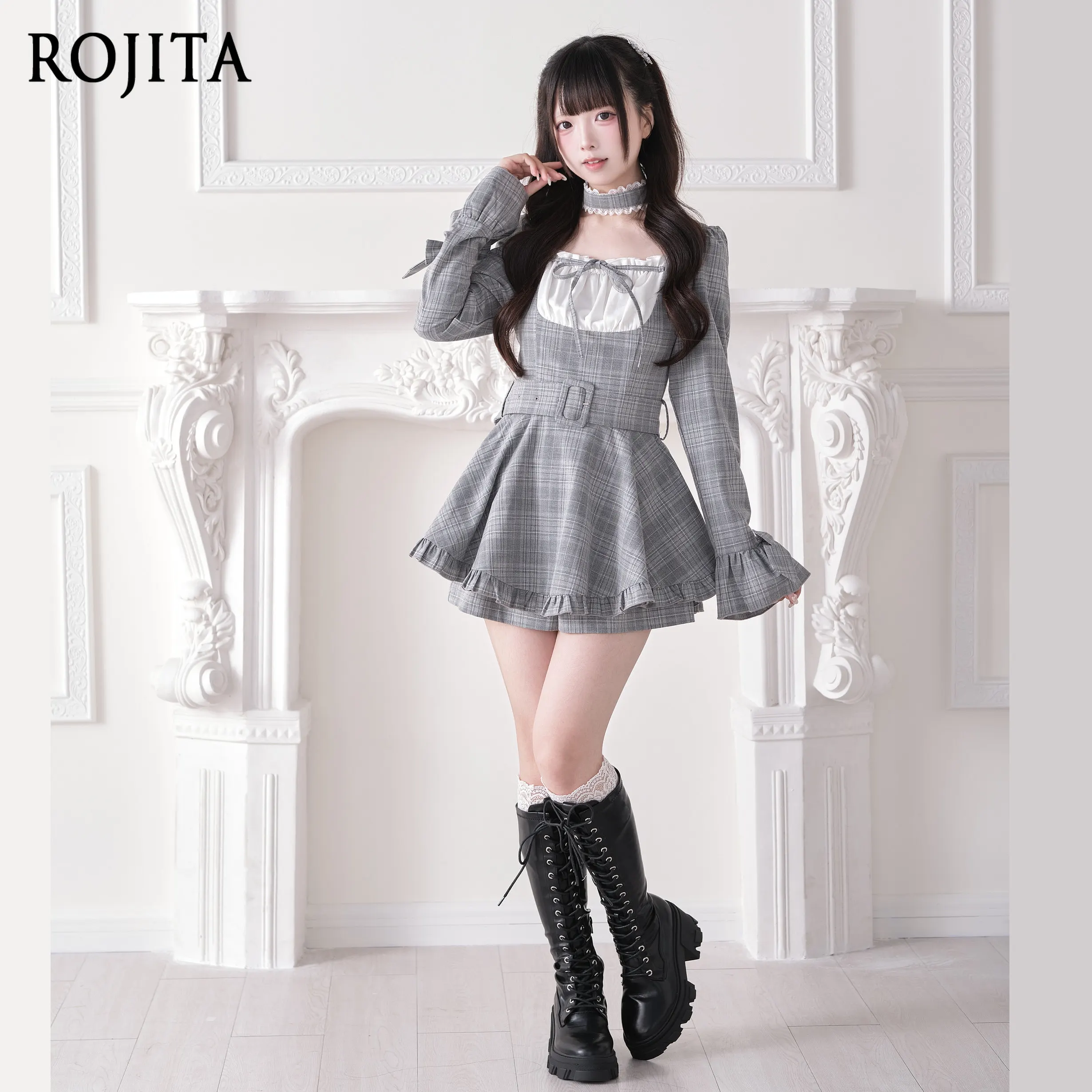 Plaid Dress Bow Japanese Subculture Mass Production Type Preppy Grey Plaid 2 Piece Outfit Square Neck Long Sleeve Mini Dress