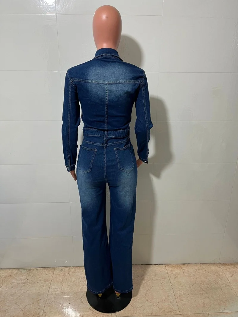 Tute di jeans vintage Abiti primaverili Donna Maniche lunghe Collo con risvolto Jeans dritti Pagliaccetti Tute Tute intere Tuta intera