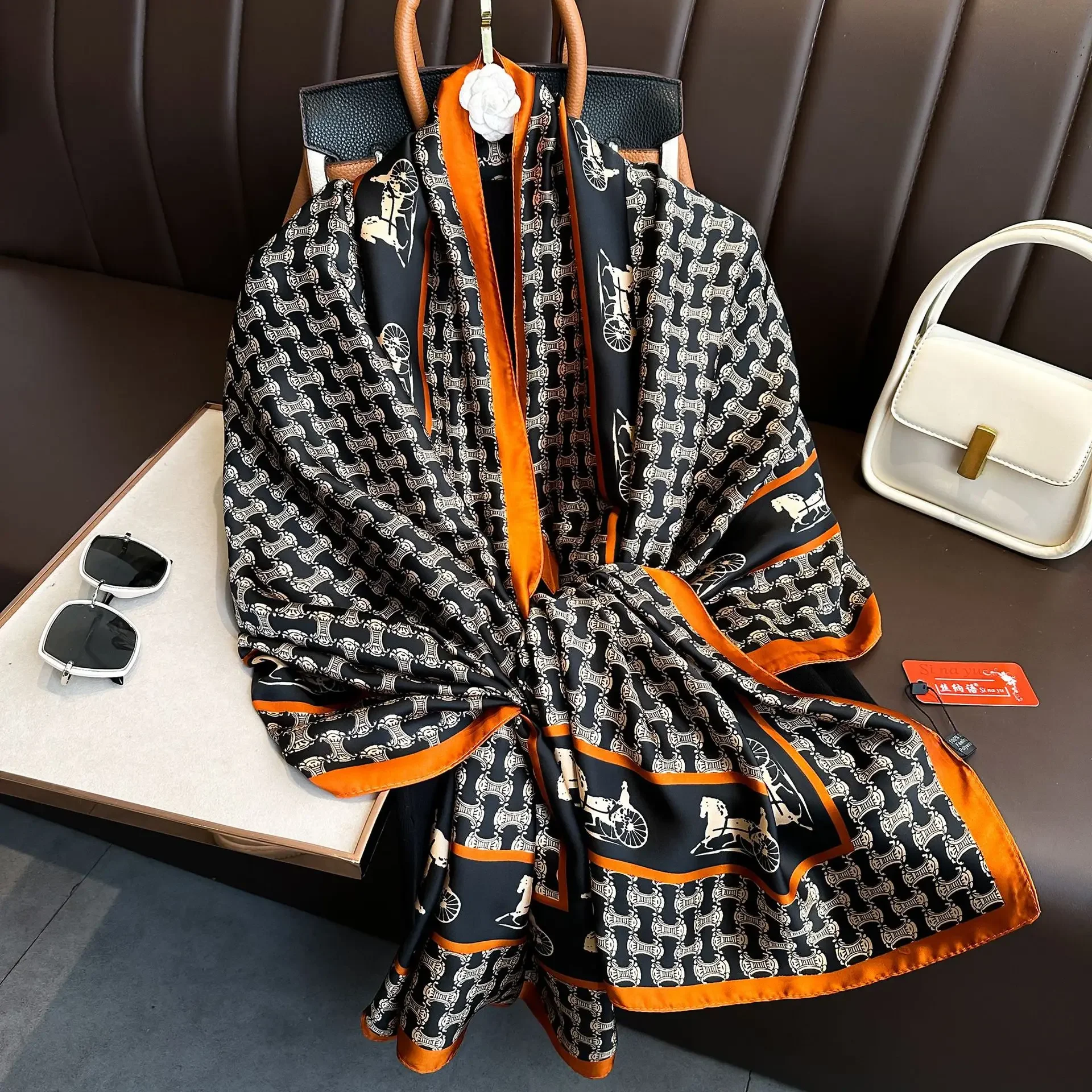 Luxury Brand Women Long Silk Scarves Shawl Lady Wrap Soft Female Europe Designer Beach Bandanna Foulard Muffler Pareo 180*90cm image 2