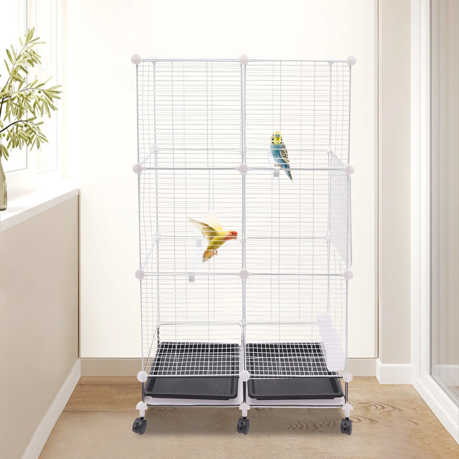 

75*37*125cm Iron Mesh Model Freestanding Bird Cage Multifunctional Movable Bird Cage with Universal Wheels
