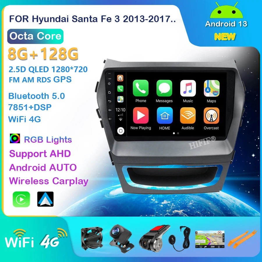 

Android 13 Car Radio for Hyundai Santa Fe 3 2013-2017 RDS DSP 4G ENT WIFI Auto Audio 2 Din IPS 4G+64G Navigation GPS Head Unit