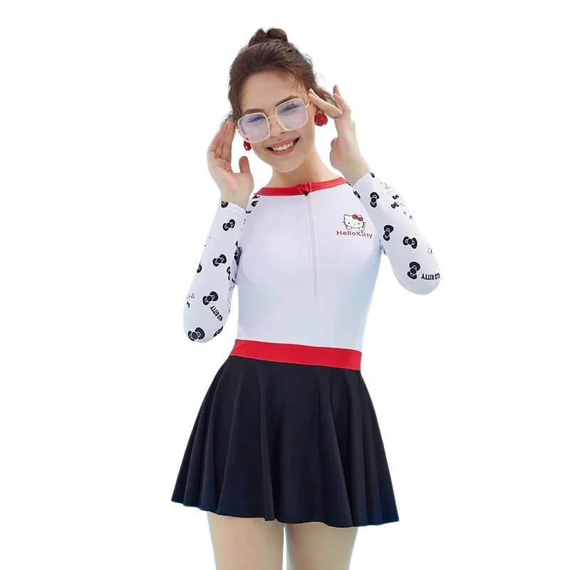 Hello Kitty ชุดว่ายน้ําเซ็กซี่ Sanrio บิกินี่ชุดว่ายน้ําวันพีซสาวแขนยาวป้องกันแสงแดดฤดูร้อนสไตล์บริสุทธิ์ชายหาดอนุรักษ์นิยม