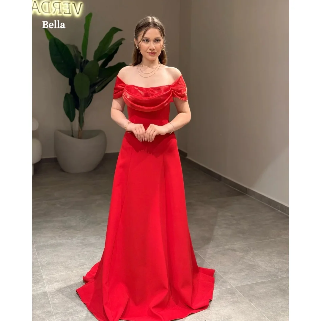 

Bella Customized Red Off Shoulder Prom Dress Elegant Satin robes de soirée A Line Formal Evening Gown for Women Party Dresses