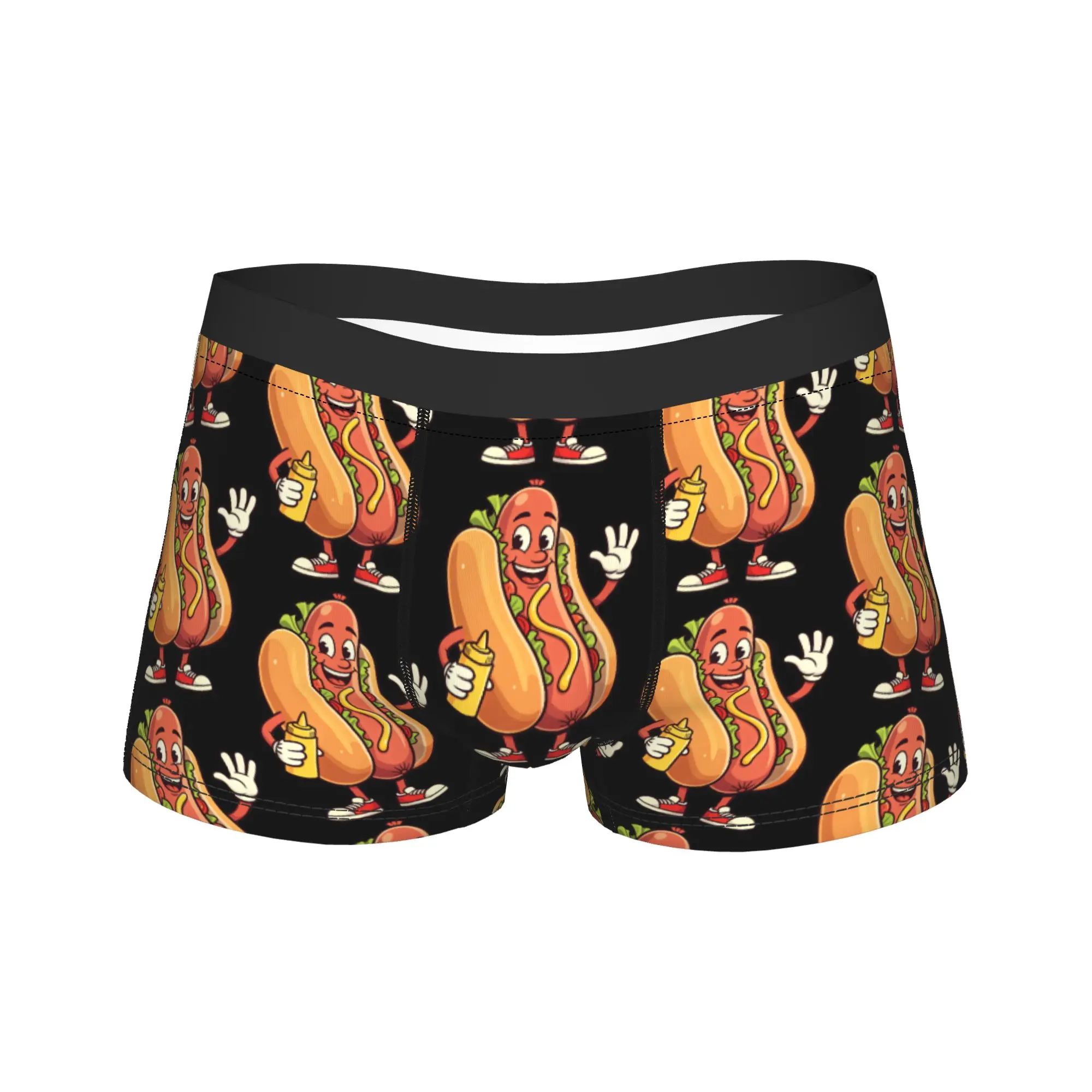 Cartoon Hot Dog With Mustard Bottle Waving Hand Underwear  Custom Boxershorts Trenky Man Underpants Breathable Boxer Brief Gift