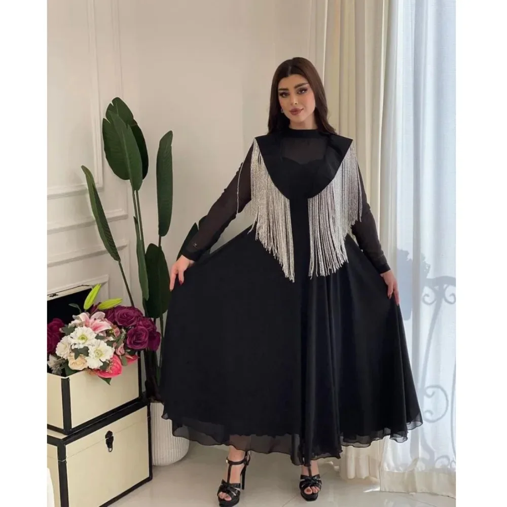 Ramadan Long Dress Moroccan Caftan 2023 Women's Spring Summer Big Swing Sexy High Waist Tassel Splice Chiffon Evening Dress