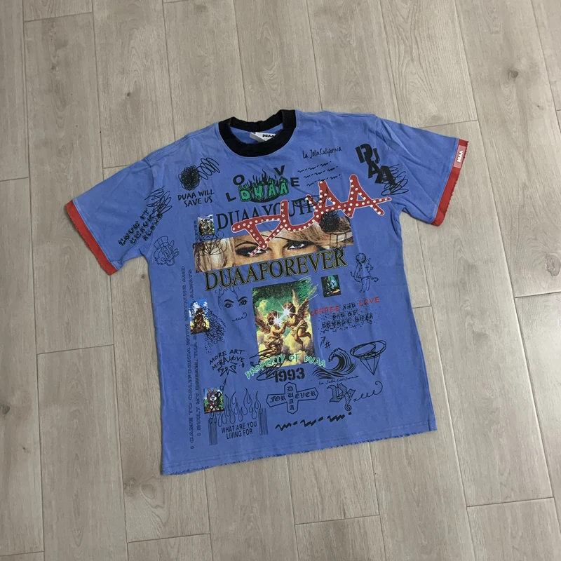 Streetwear Hip-hop Duaa T-shirt Summer Fashion Graffiti Print High-quality Patchwork Cuffs Round Neck Short Sleeved Tops