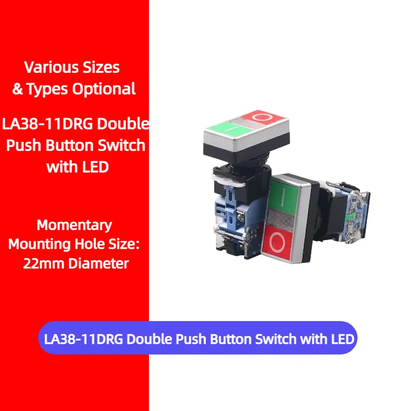 LA38-11DRG Double Push Button Switch with Light Momentary Dual Button Start Stop 22mm for Industrial Control Panel Equipment