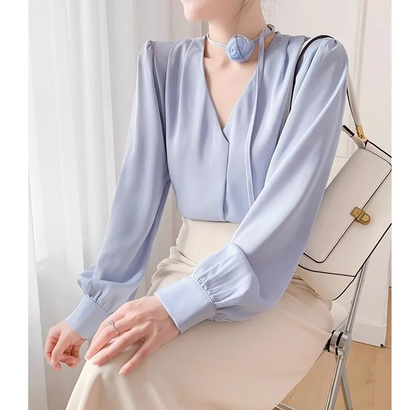 Temperament Chiffon Loose Blouse Spring Autumn New Long Sleeve V Neck Solid Elegant Shirt Tops Fashion Korean Women Clothing