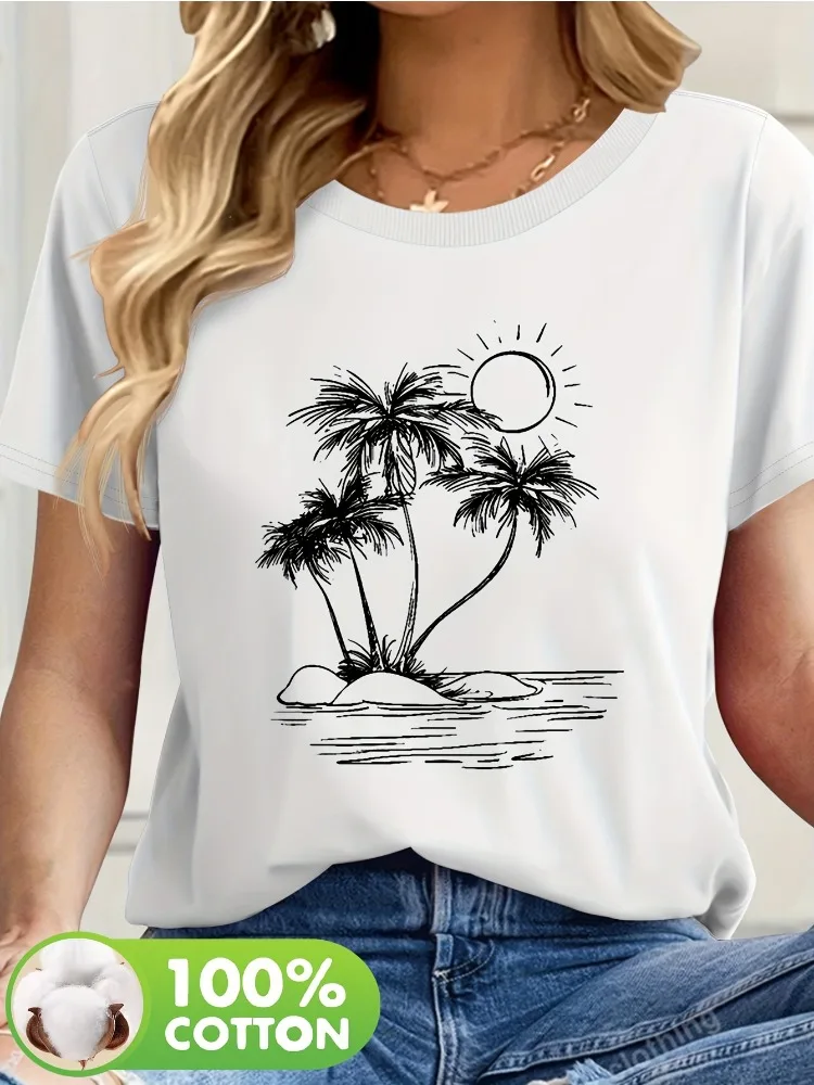 

Женская футболка с принтом тропической пальмы, топ с короткими рукавами, мягкая и дышащая повседневная рубашка, повседневная пляжная одежда