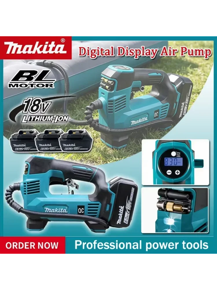 Pompa powietrza Makita z cyfrowym wyświetlaczem, 18V, akumulator litowo-jonowy, bezprzewodowa pompka do opon samochodowych, elektryczna pompka do motocykli, kompatybilna z 18V. — 2